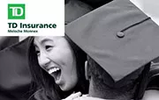 Two graduates hugging with text overlay "TD Insurance Meloche Monnex"
