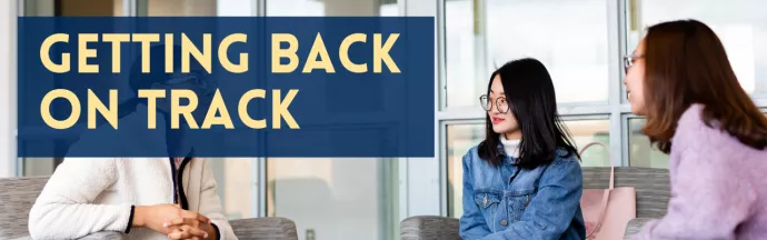 Webinar banner reads: "Getting Back on Track" with a photo of 3 students in a group talking