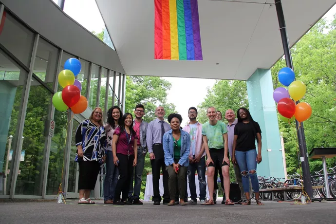 pride flagged raised at the Student Centre