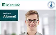 Smiling young man with glasses with text overlay "Manulife" and "Welcome, Alumni!"