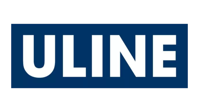 ULINE logo: The logo features the company name 'ULINE' in bold, uppercase letters, rendered in white. The text is set against a dark blue rectangular background, providing strong contrast and visibility.