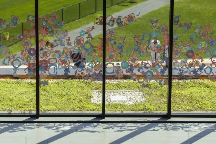 Reflection of shadows of window art on the ground with lawn and green roof visible through the windows