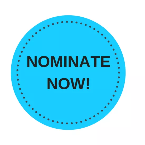 Graphic of a blue circle with the phrase "nominate now" in the centre.