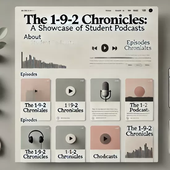 Minimalist website design for the 1-9-2 Chronicles podcast, featuring a clean layout with a simple header in neutral tones. Podcast episodes are displayed in a grid of flat card designs with titles, brief descriptions, and play buttons. The color scheme uses soft grays and muted accents, with a small top menu for navigation.