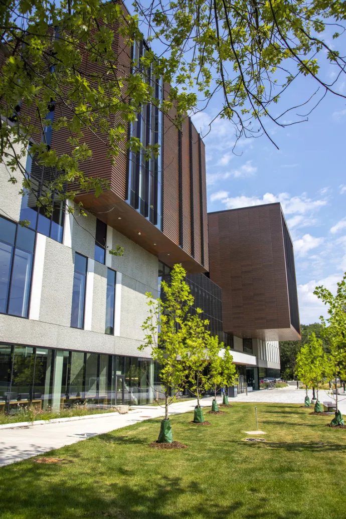 Modern learning building exterior photo in summer with trees and grass