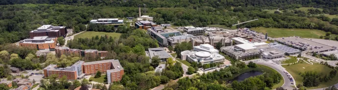 Aerial image of the U of T Mississauga campus in the spring