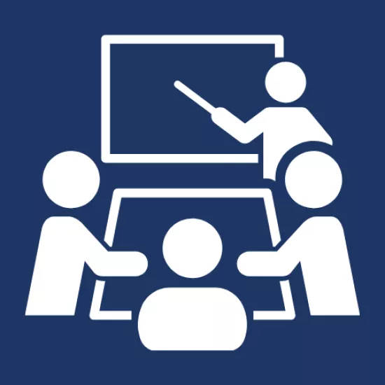 Stylized depiction of three individuals being taught by a person holding a pointer in front of a blackboard.