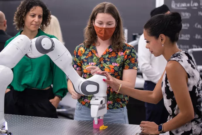 Students and visitors get a hands-on demonstration during the official opening of UTM's Undergraduate Robotics Teaching Laboratory on Sept. 7, 2022.