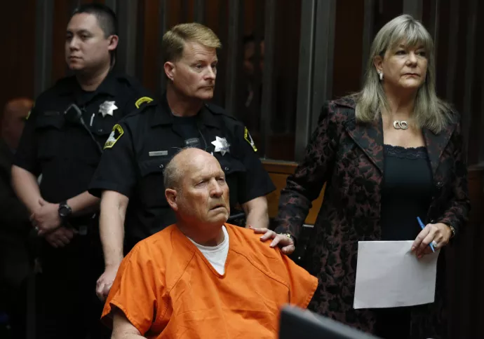 Joseph DeAngelo, a.k.a. the “Golden State Killer” (seated), appears in a California court in April 2018
