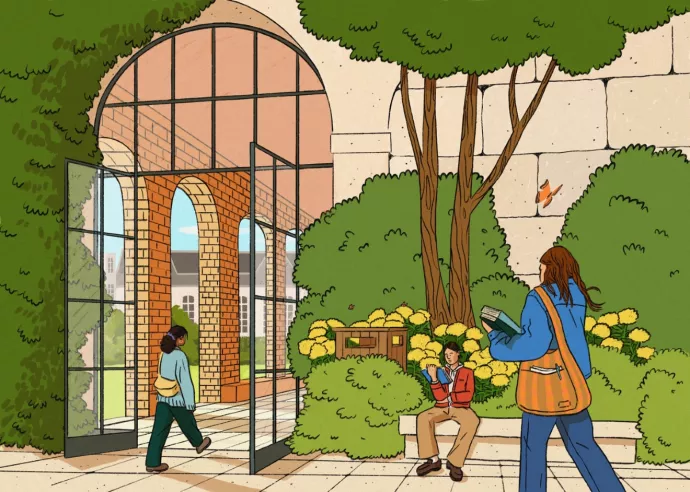 illustrated scene of people walking on St. George campus