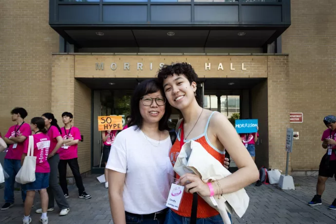 mother and child hug at move-in day