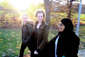 Fiona Rawle walking with students at UTM