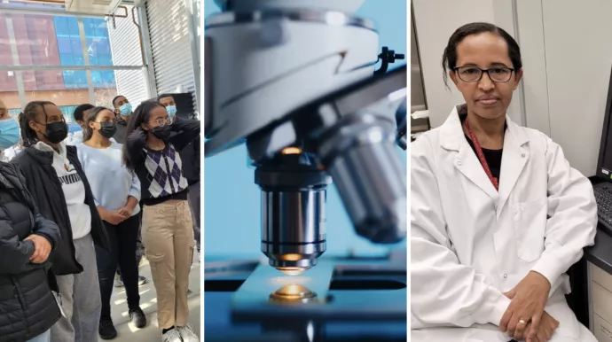 Mulu Geletu Heye in a composite image with a microscope and students in a lab.