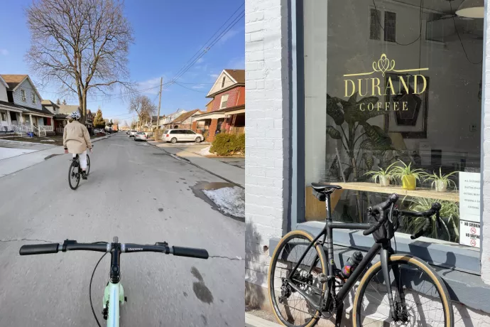 Image on left shows handlebars of bike in foreground, background shows someone on a biciycle cycling away from camera down house-lined street. Second photo is of a bike propped against a coffeeshop window that reads Durand Coffee