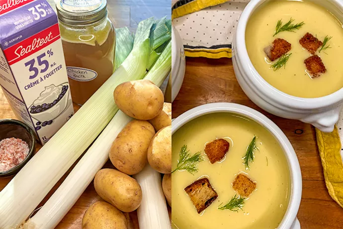 Image of left of leeks, potatoes, milk and chicken broth on wooden cutting board. Image of right of two bowls of soup with croutons floating in them.