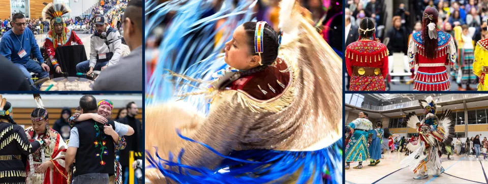 Collage of All Nations Powwow 2023. From upper left, clockwise: drummers, fancy shawl dancer, jingle dress dancer with backs faced, male dancer Dan Secord, Deanne Hupfield and Professor Maria Hupfield