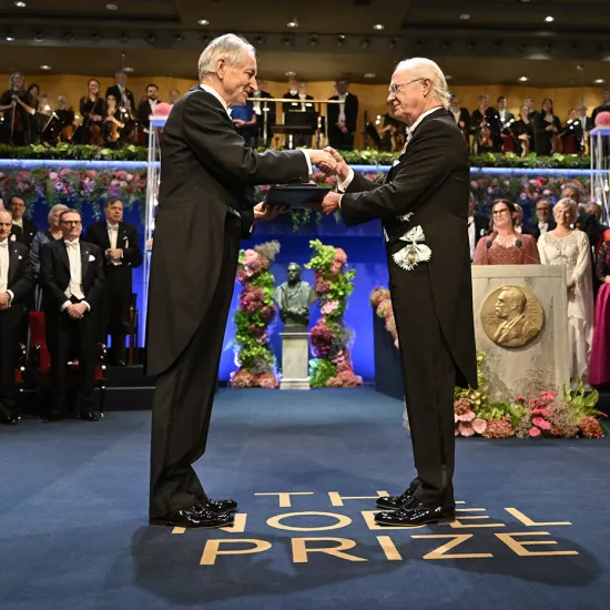 Geoffrey Hinton standing on stage shaking hands with King Carl XVI Gustaf of Sweden. The carpet underfoot reads: The Nobel Prize