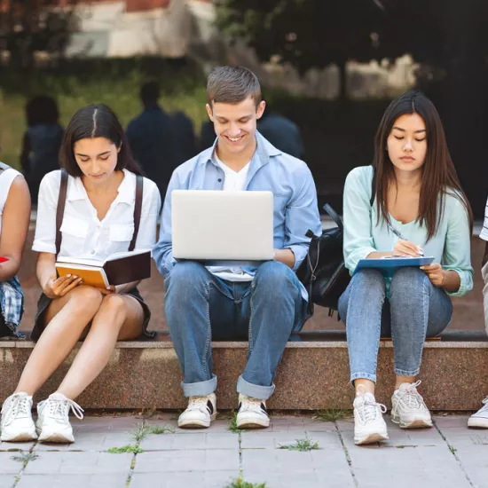 Five students studying outside